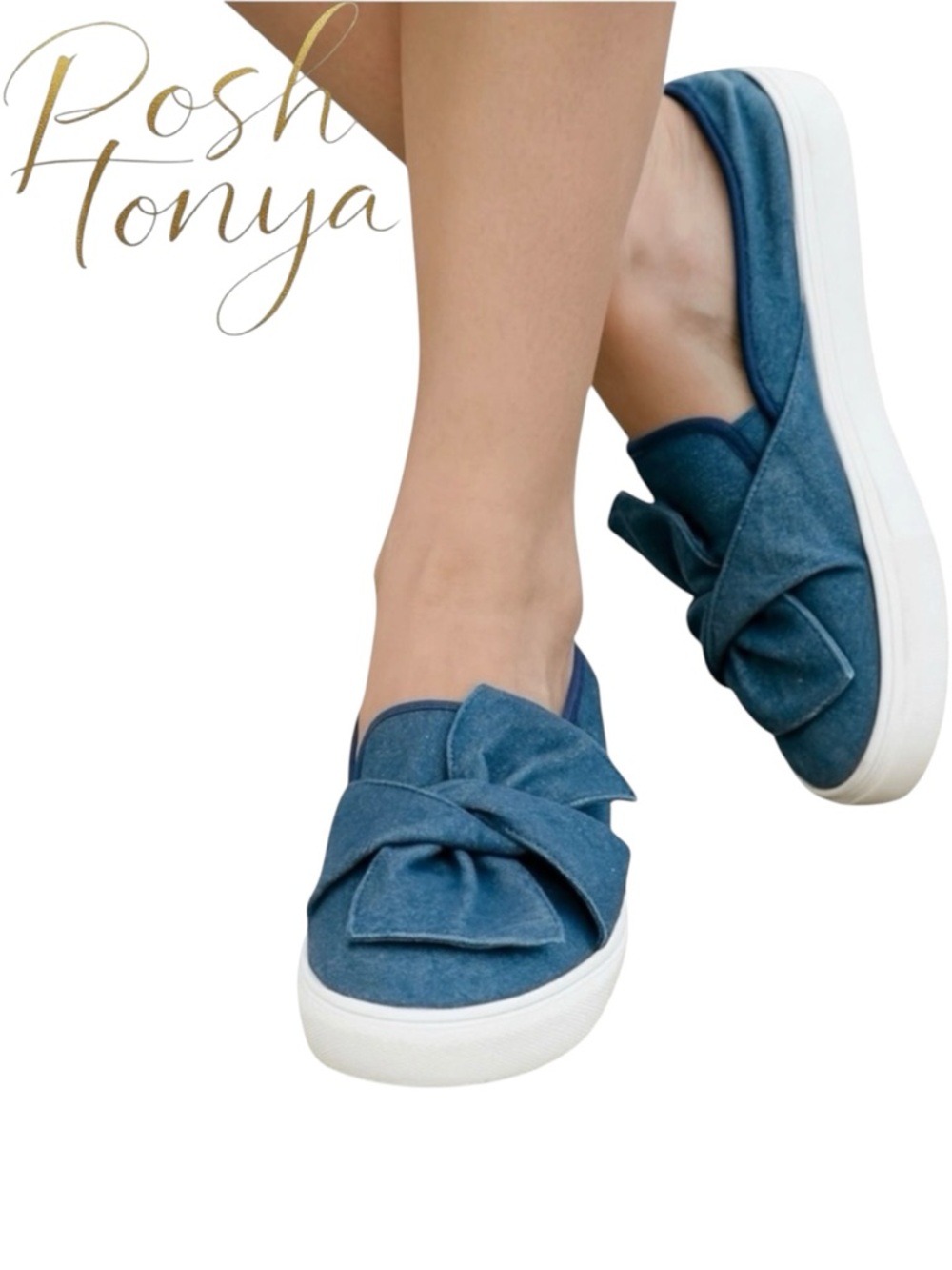 J.Renee Charlsey Denim Slip On Sneakers Twisted Bow Size 8 Coastal Resort